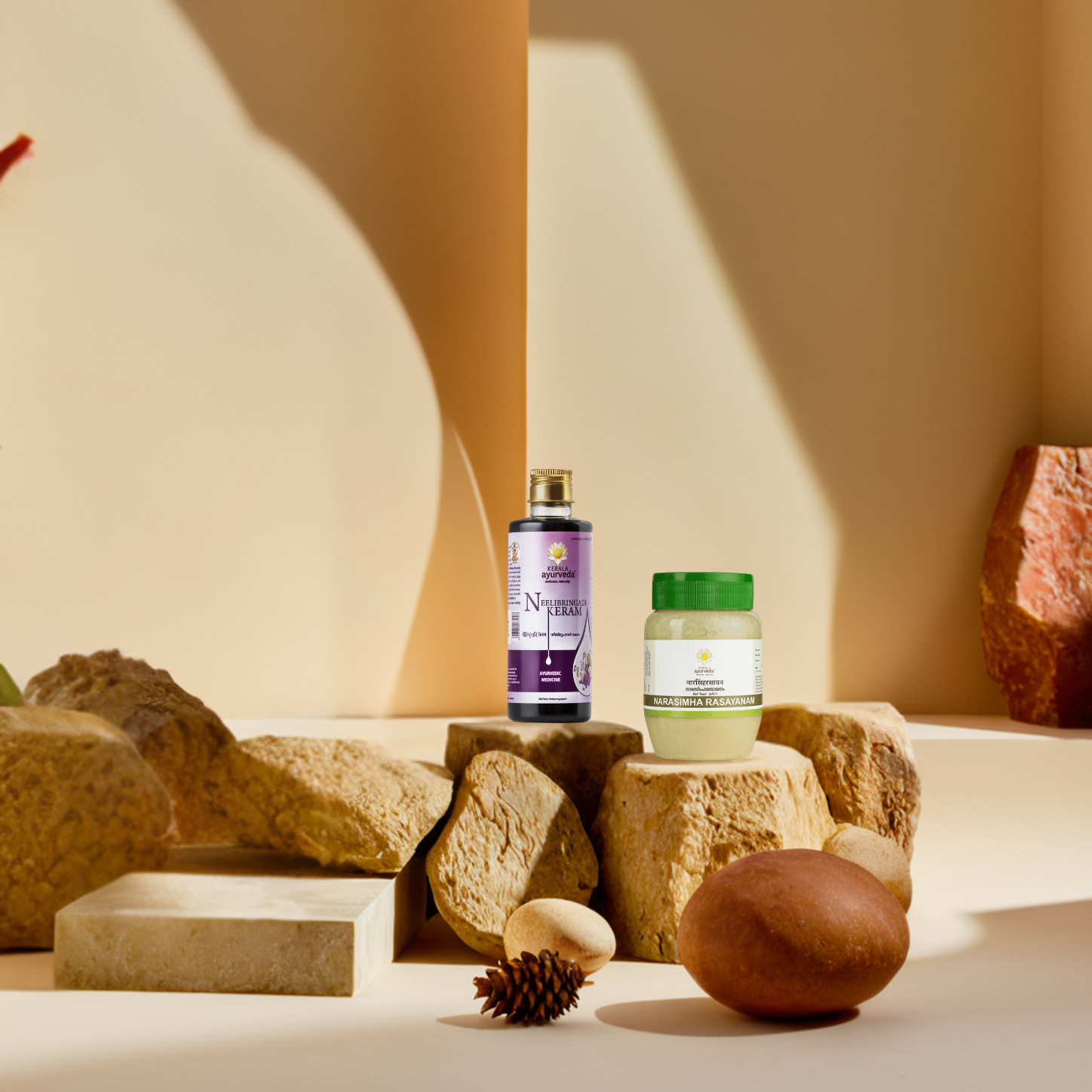 Herbal product bottles displayed among natural stones on a minimalist beige background.