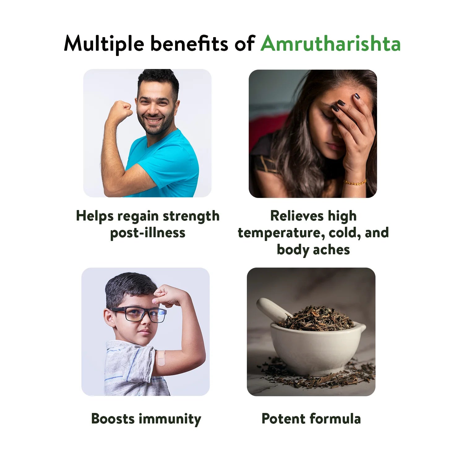 Banner titled "Multiple benefits of Amrutharishta," illustrating how Amrutharishta Arishtam helps regain strength post-illness, relieves high temperature, cold, and body aches, boosts immunity, and is a potent formula. – Kerala Ayurveda India