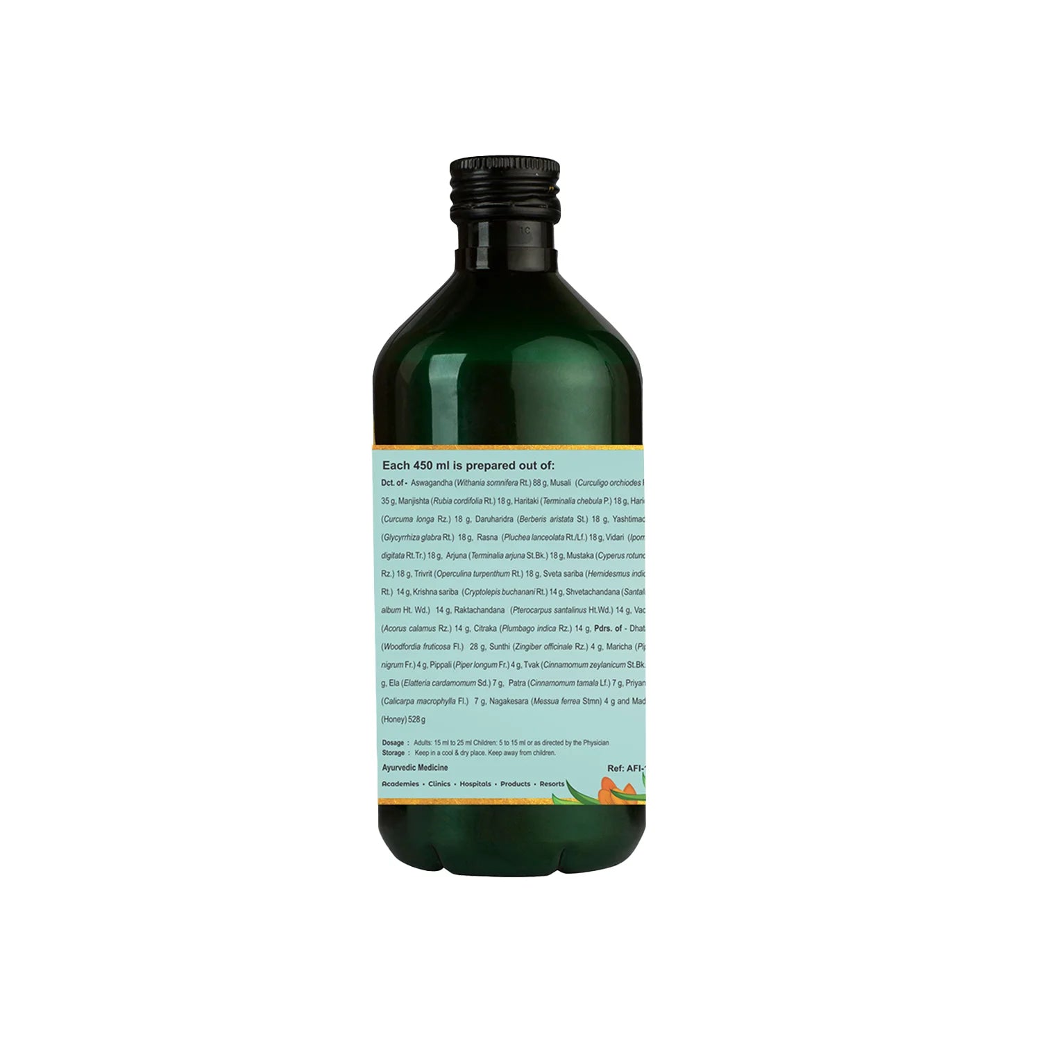 Close-up of the back label listing herbs, preparation details and dosage instructions on a Kerala Ayurveda Aswagandharishta / Ashwagandharishta bottle, underscoring the authenticity of this strength-building stress relief tonic – Kerala Ayurveda India