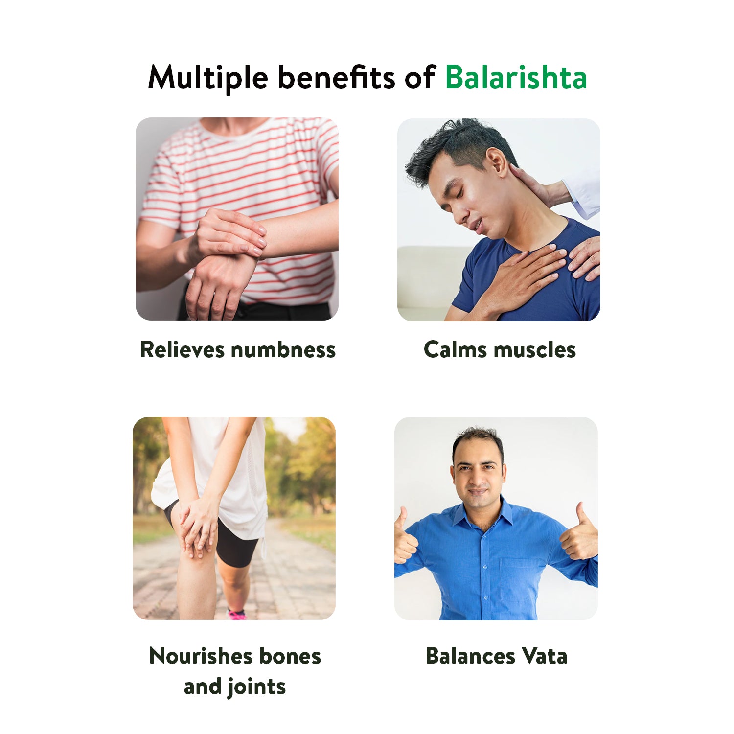 Infographic titled “Multiple benefits of Balarishta” showing photos that illustrate relief of numbness, calming muscles, nourishing bones and joints, and balancing Vata, underscoring the postnatal tonic benefits of balarishtam – Kerala Ayurveda India