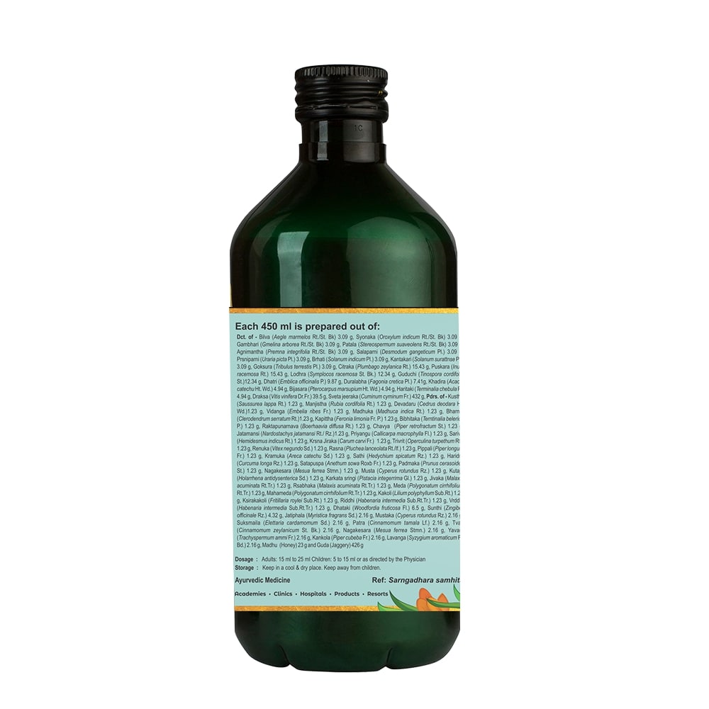 Side view of the dark green glass bottle of Kerala Ayurveda Dasamoolajeerakarishta, showing a very detailed list of ingredients prepared per 450 ml, along with dosage and storage instructions. – Kerala Ayurveda India