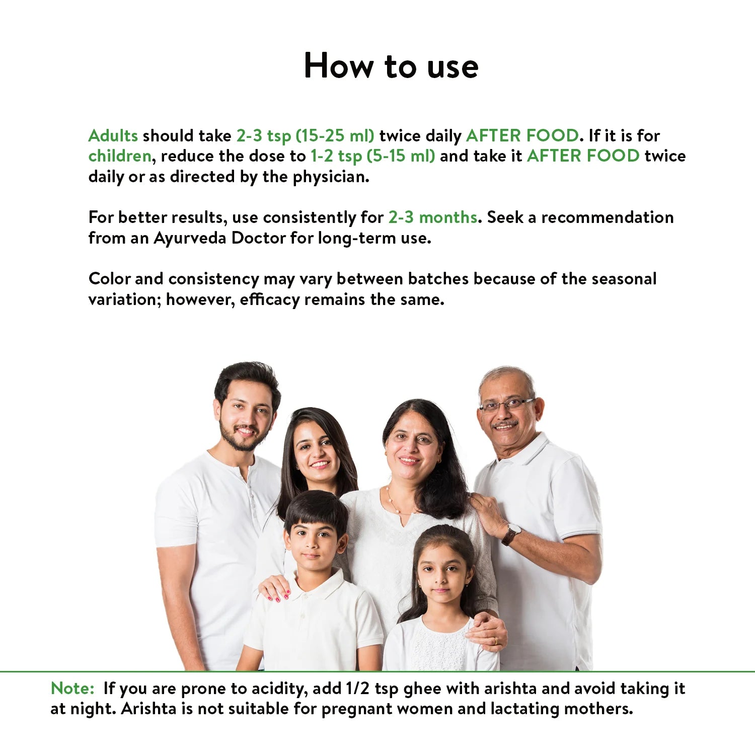 “How to use” infographic with multigenerational family photo and dosage guidance for adults and children, plus note for acidity and pregnancy – Kerala Ayurveda India