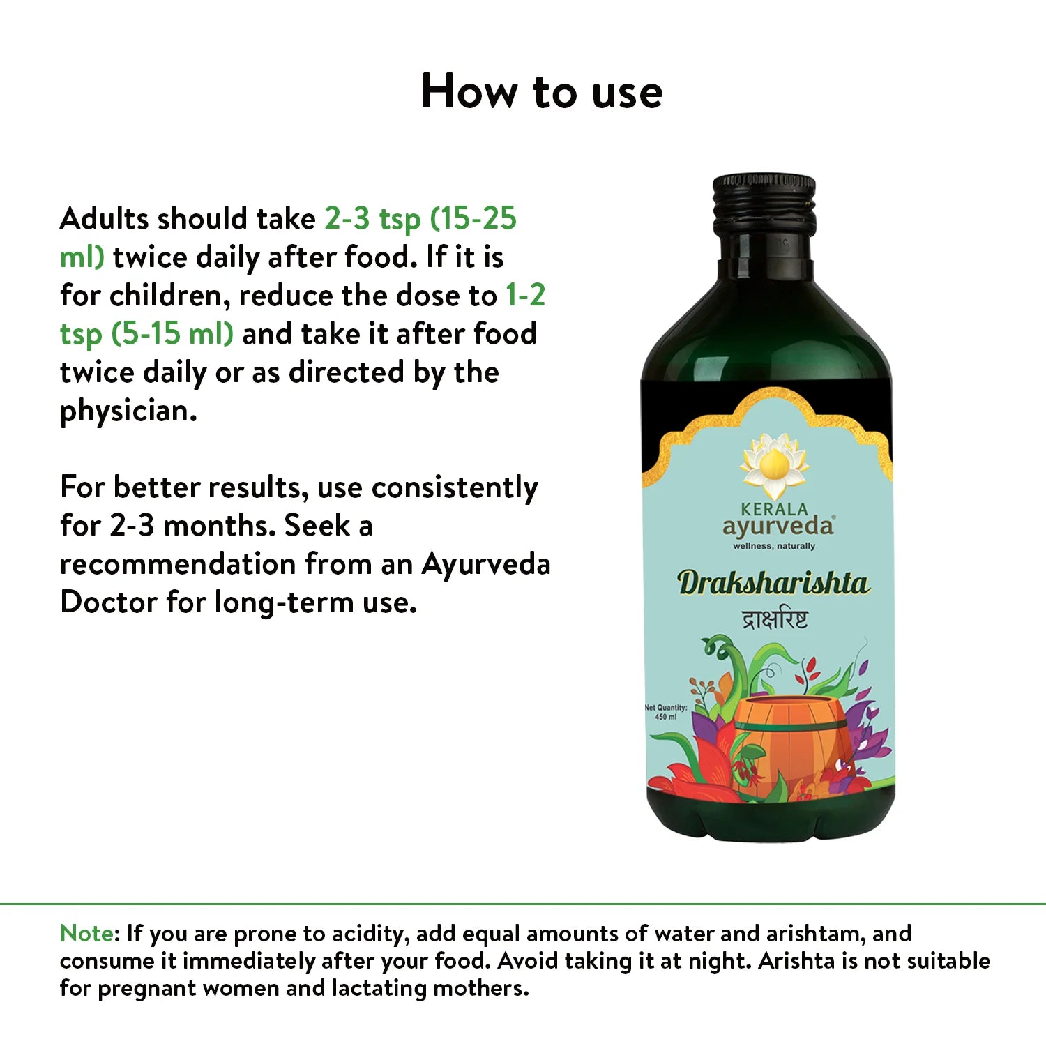 Banner titled "How to use" Draksharishta Arishtam, providing detailed dosage instructions for adults and children, noting consistency for results, and a precaution for acidity and pregnancy. – Kerala Ayurveda India