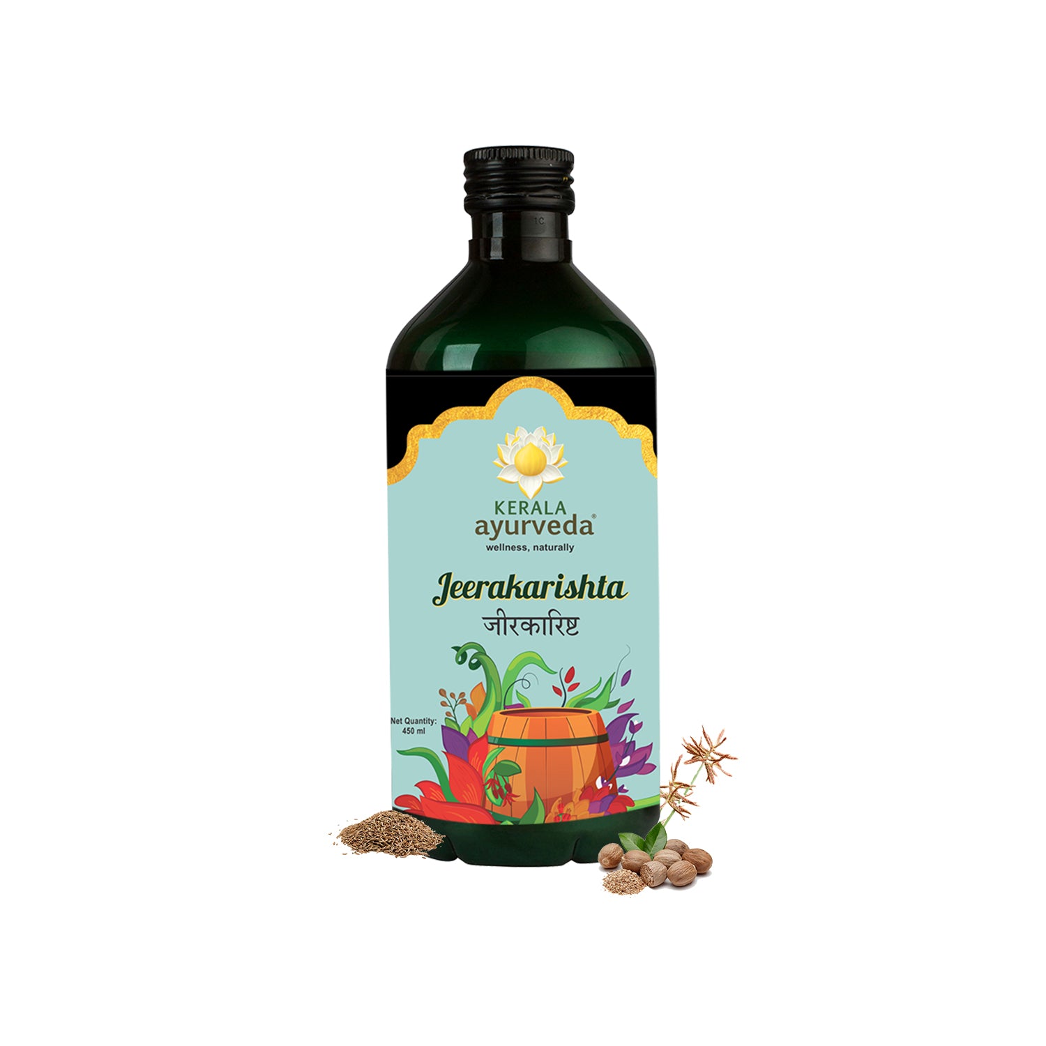 Front view of a dark green glass bottle of Kerala Ayurveda Jeerakarishta Arishtam, with a light blue label featuring floral and barrel illustrations, and the product name in English and Hindi. It indicates "Net Quantity: 450 ml" and is surrounded by cumin seeds and other herbs. – Kerala Ayurveda India