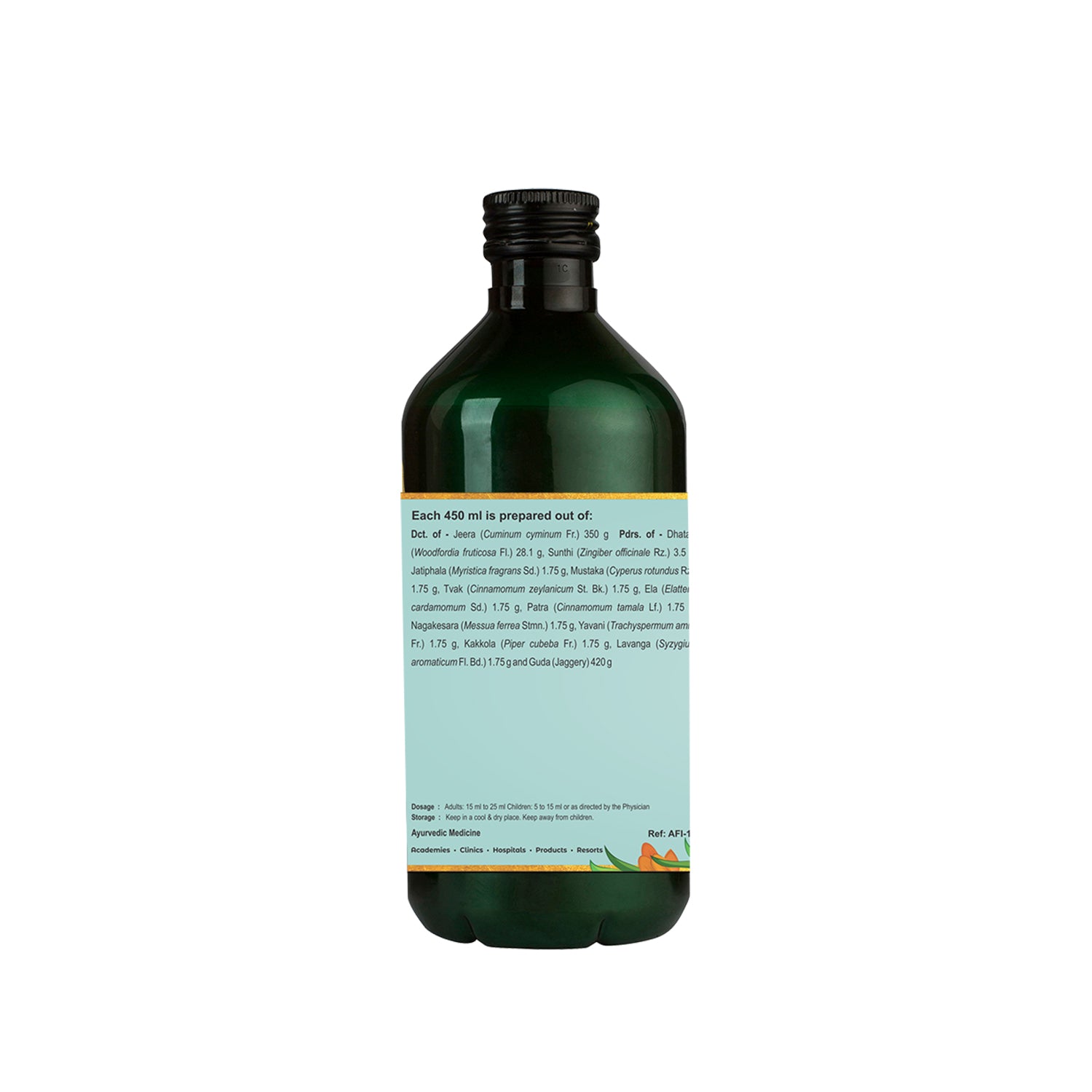 Side view of the dark green glass bottle of Kerala Ayurveda Jeerakarishta Arishtam, showing a detailed list of ingredients prepared per 450 ml, and dosage (15 to 25 ml for adults, 5 to 15 ml for children), and storage instructions. – Kerala Ayurveda India