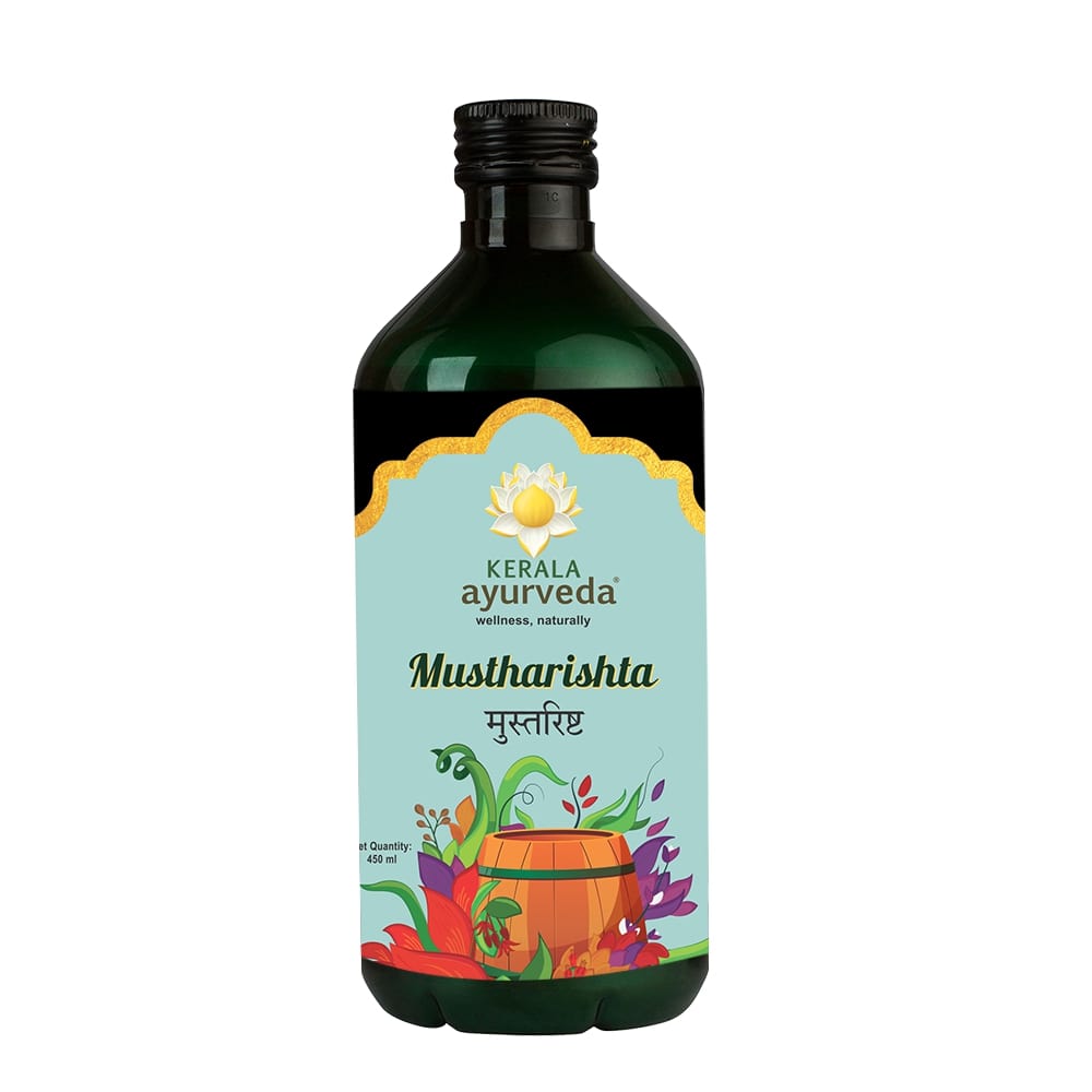 Front view of a dark green glass bottle of Kerala Ayurveda Mustharishta, with a light blue label featuring floral and barrel illustrations, and the product name in English and Hindi. It indicates "Net Quantity: 450 ml." – Kerala Ayurveda India
