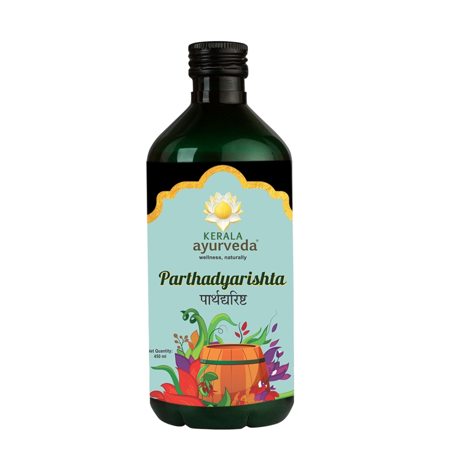 Side panel of the Parthadyarishta bottle displaying concise ingredient list and dosage information on a light blue label.