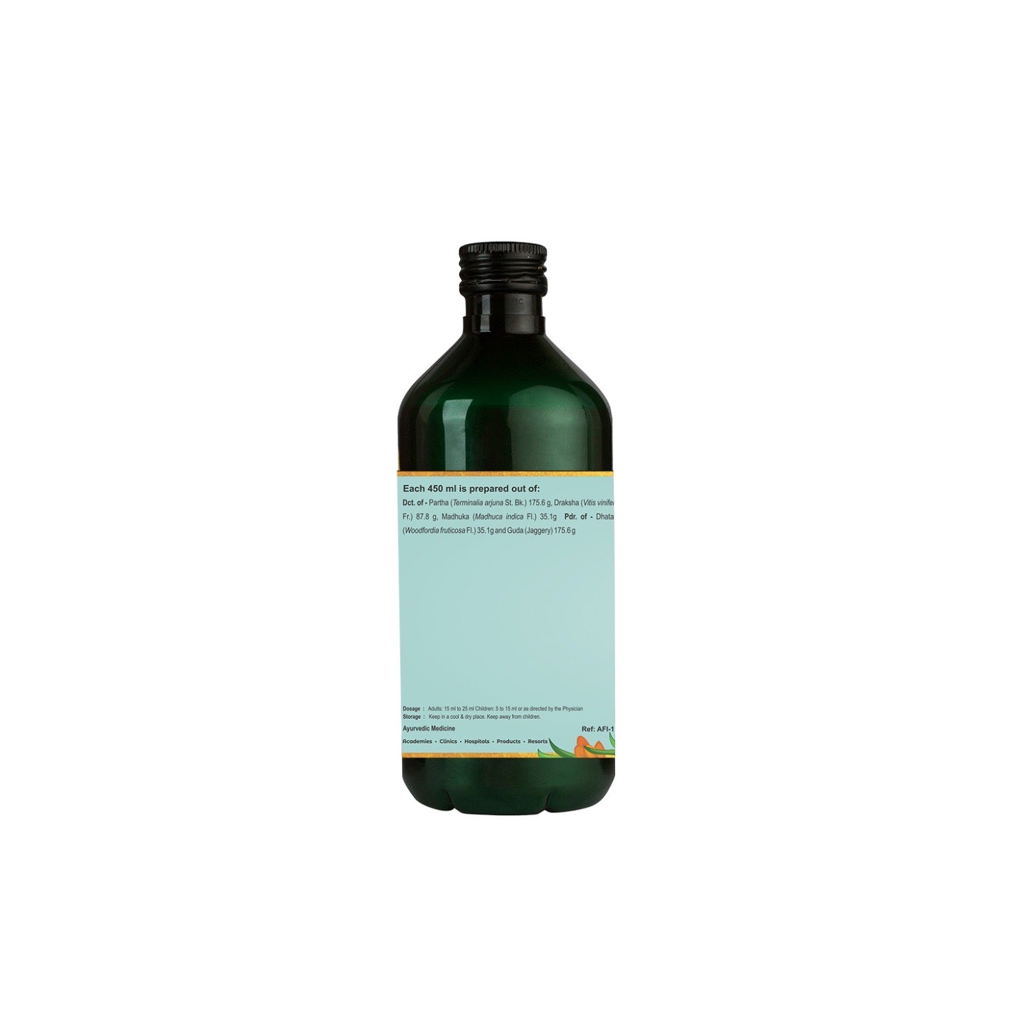 Back of the Parthadyarishta bottle showing Kerala Ayurveda company profile, manufacturing and batch details, barcode and certifications.
