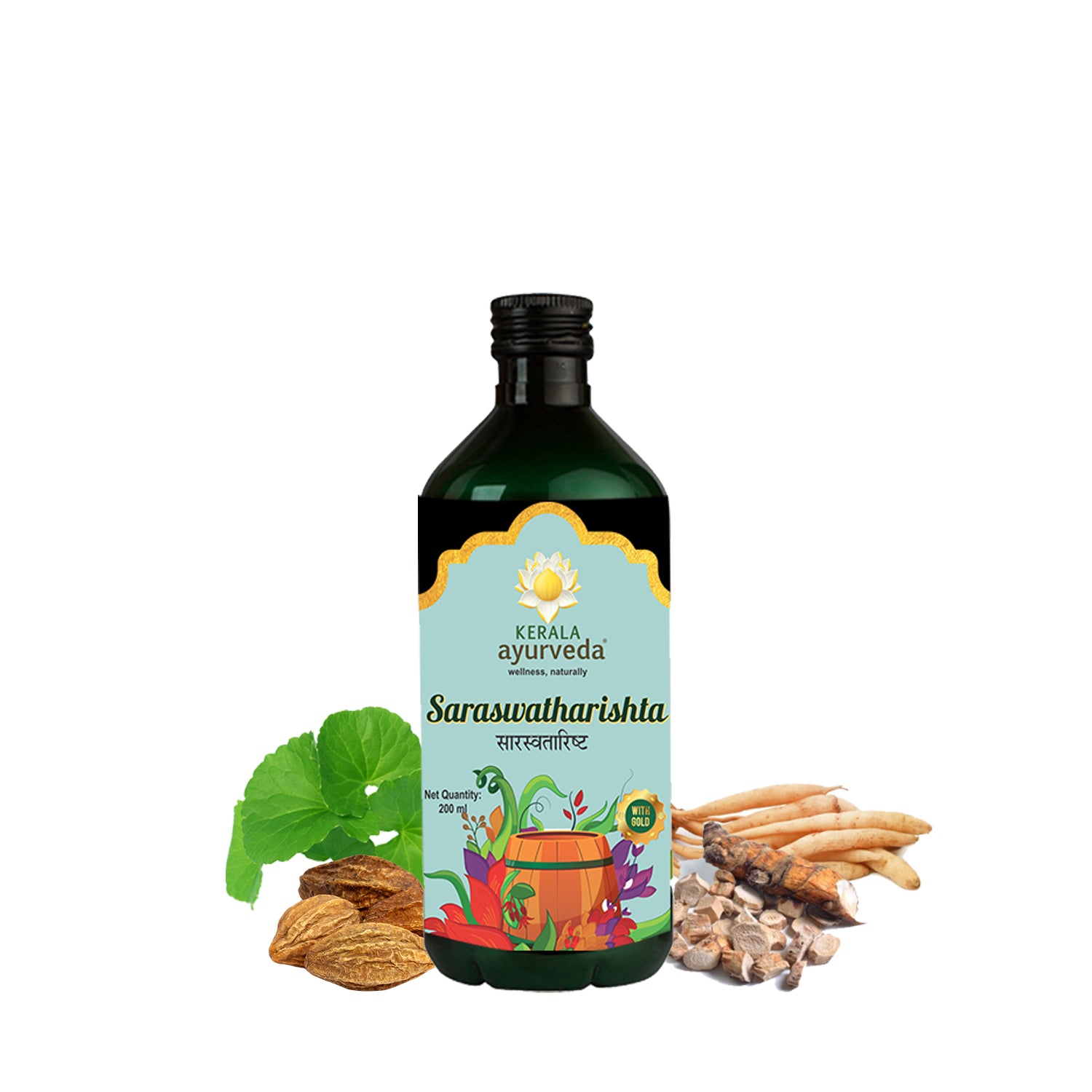 Front view of a dark green glass bottle of Kerala Ayurveda Saraswatharishta, with a light blue label featuring illustrations of Gotu Kola, dried Haritaki, and other herbs. The product name is displayed in English and Hindi, with "Net Quantity: 200 ml" and a "WITH GOLD" badge. – Kerala Ayurveda India