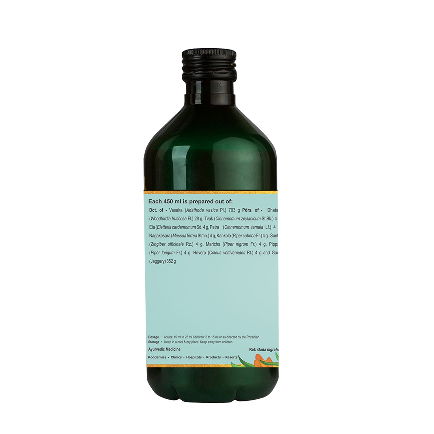 Rear label of the Vasarishta bottle showing Kerala Ayurveda company profile, batch/expiry boxes, barcode and safety seals; presents consumer details for the Vasarishtam Ayurvedic cough tonic that supports respiratory health – Kerala Ayurveda India