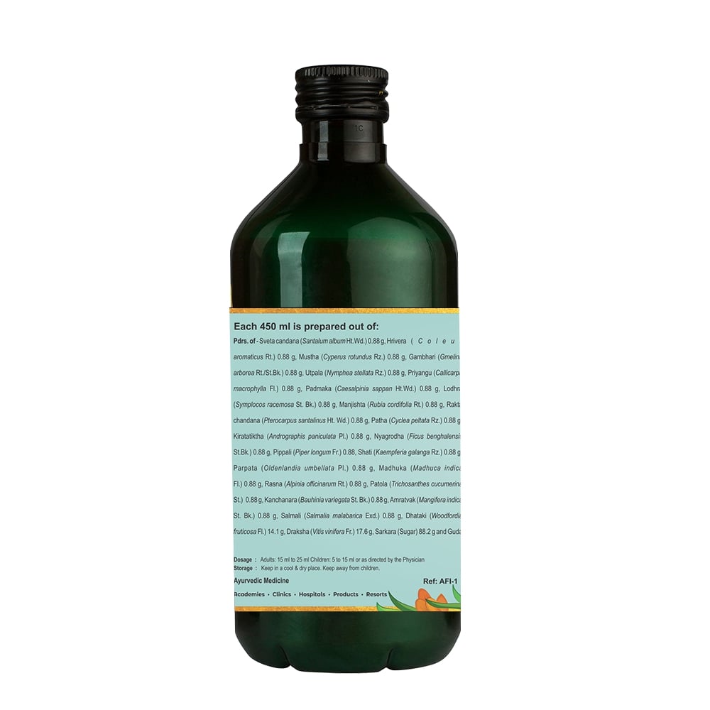 Side view of the dark green glass bottle of Kerala Ayurveda Chandanasava, showing a comprehensive list of its ingredients, dosage instructions (15 ml to 25 ml twice daily), and storage recommendations. – Kerala Ayurveda India