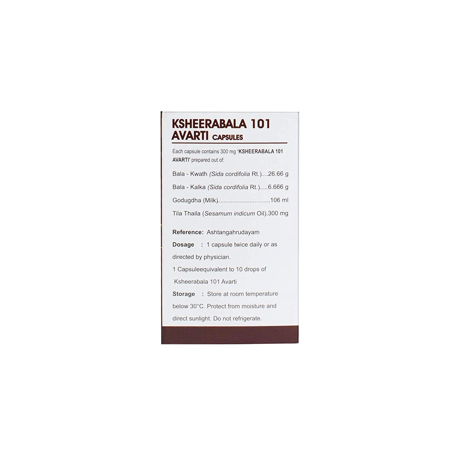 Side view of the Ksheerabala 101 Avarti Capsule box, detailing ingredients per capsule including Bala-Kwath, Bala-Kaika, Godugdha (Milk), and Tila Thaila (Sesamum Indicum Oil). Dosage and storage instructions are also visible. – Kerala Ayurveda India