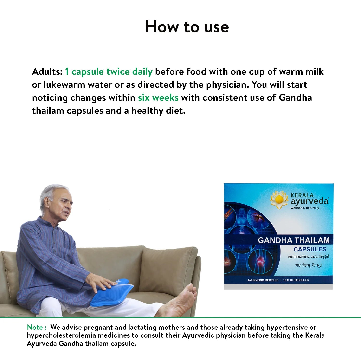 “How to use” poster: dosage instructions beside a senior man icing his sore foot and a picture of the Gandha Thailam Capsules box – Kerala Ayurveda India