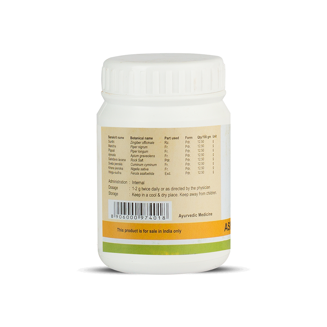 Side view of the Ashta Choornam jar, showing a detailed table of ingredients, including Sanskrit name, botanical name, part used, form, and quantity per 100 gm. It also lists administration, dosage (1-2 g twice daily), and storage instructions. – Kerala Ayurveda India