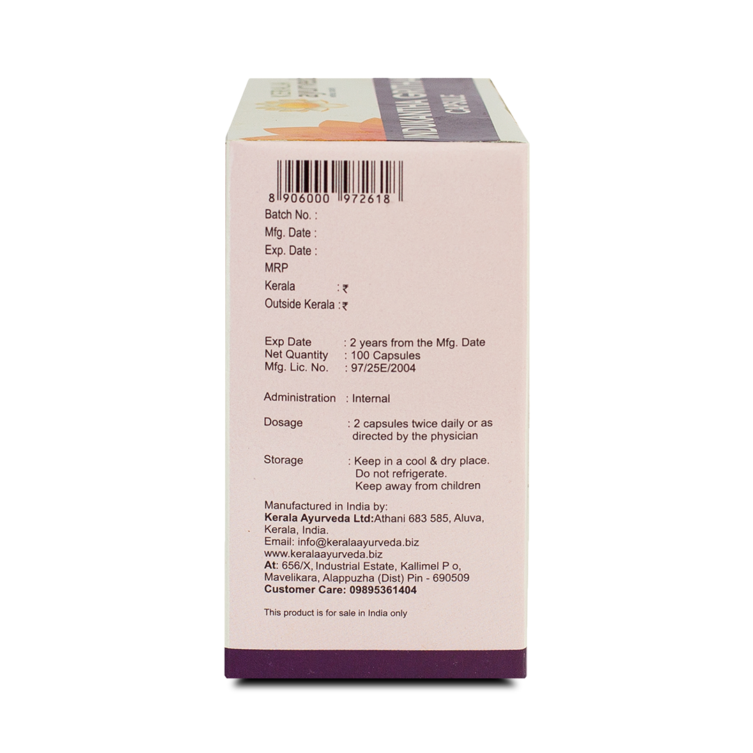 Back view of the Kerala Ayurveda Indukantha Gritham Capsule box, showing net quantity 100 capsules, manufacturing details by Kerala Ayurveda Ltd., dosage (2 capsules twice daily), and storage instructions. – Kerala Ayurveda India