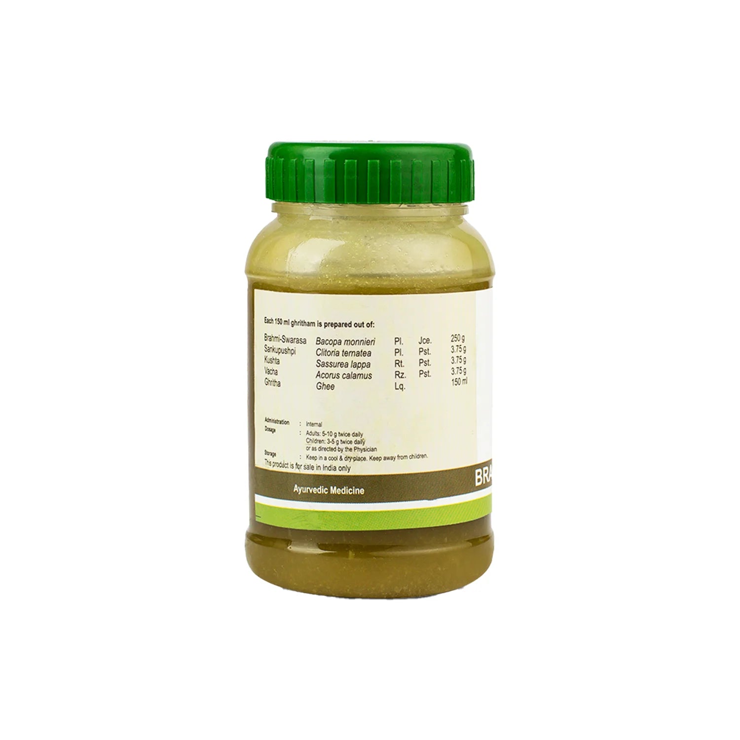 Rear view of Kerala Ayurveda Brahmi Ghritham jar showing full ingredient list, dosage and storage directions – Kerala Ayurveda India