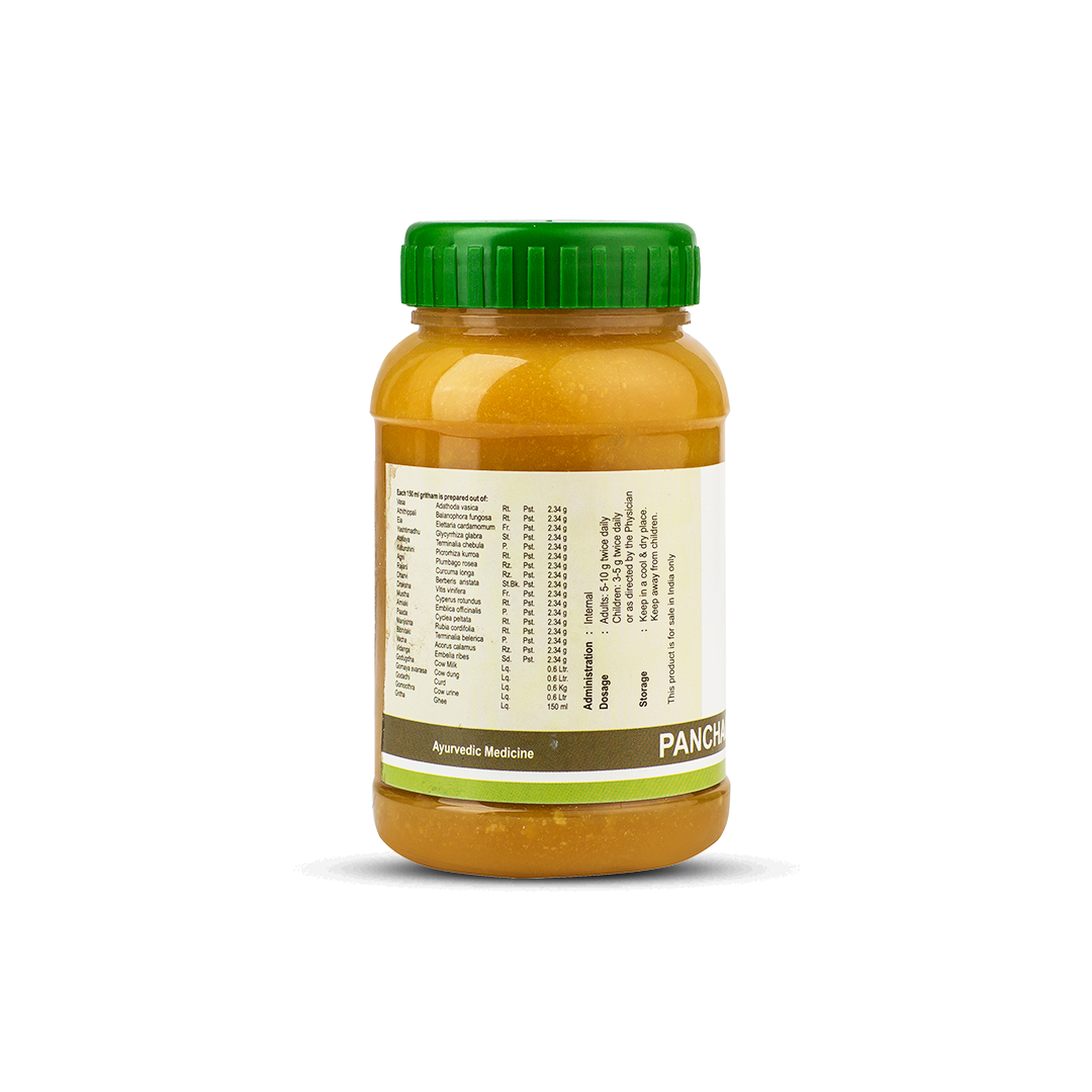 Side view of the Panchagavya Ghritham jar, showing a detailed ingredients list prepared per 100 gm, including Vasa, Vacha, Patha, and cow products. Administration, dosage (5-10 g twice daily for adults), and storage instructions are visible. – Kerala Ayurveda India