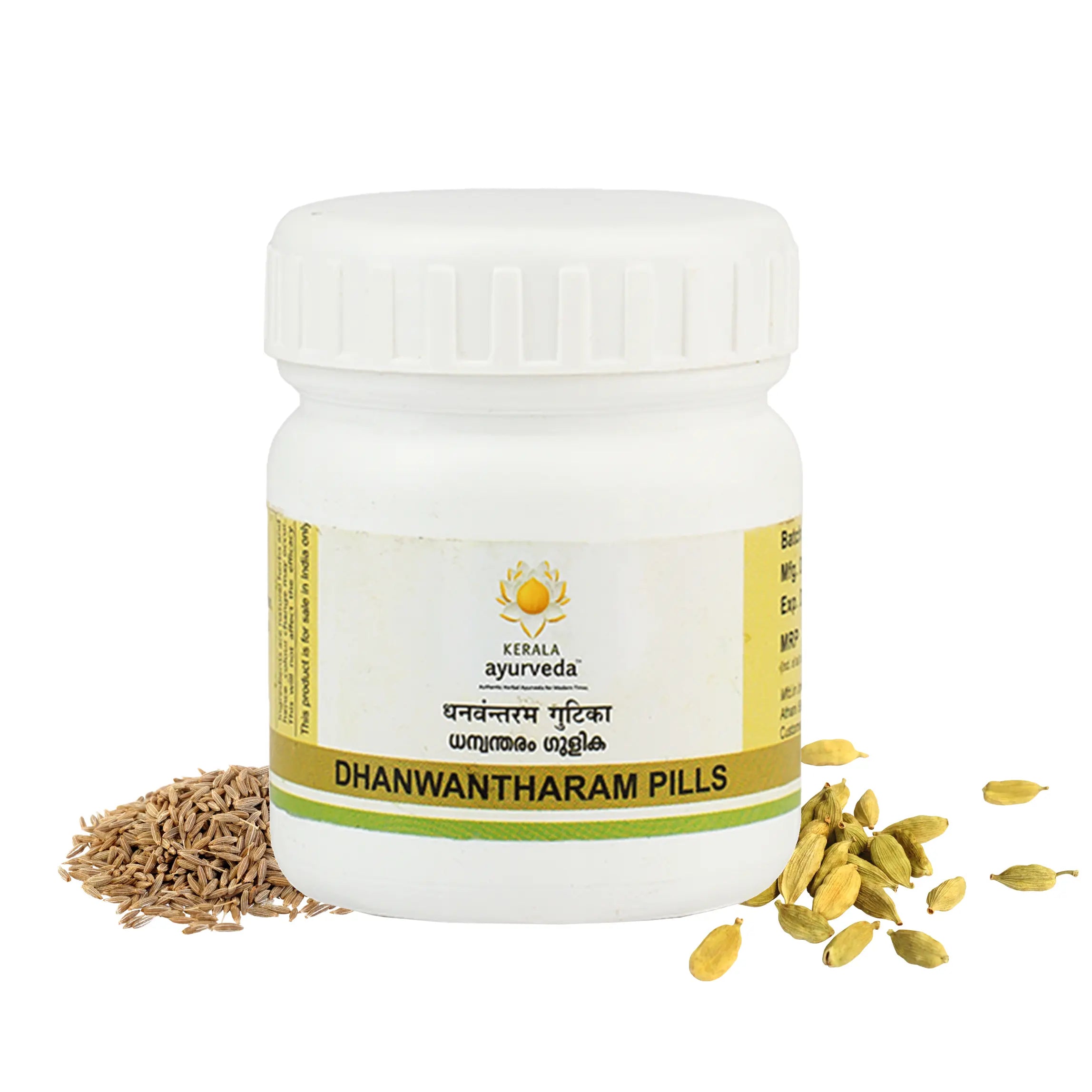 Front-label bottle of Kerala Ayurveda Dhanwantharam Gulika with cumin seeds and cardamom pods – Kerala Ayurveda India
