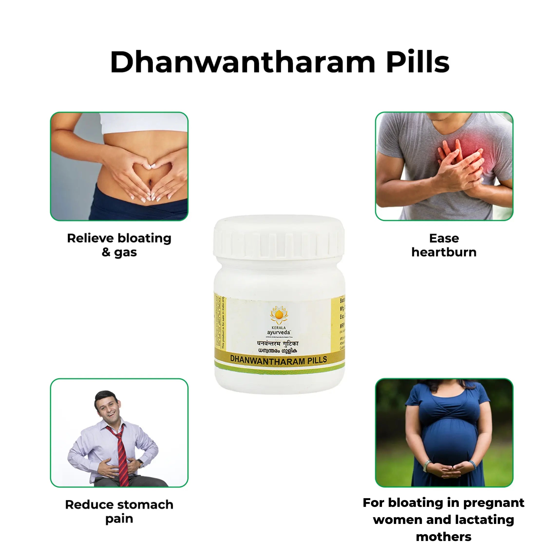 Infographic grid showing Dhanwantharam Gulika benefits: bloating, gas, heartburn, stomach pain and prenatal comfort – Kerala Ayurveda India