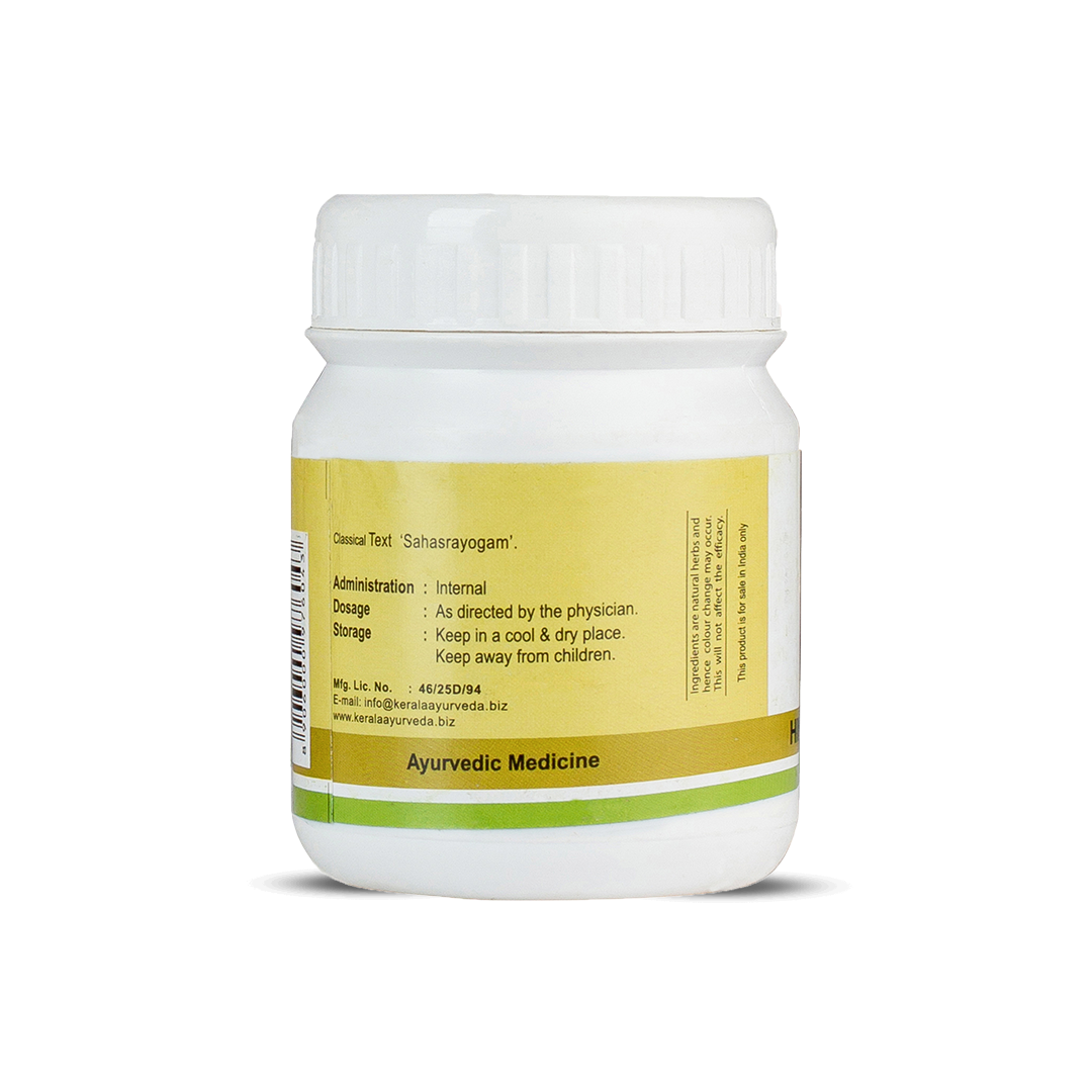 Side-panel label of Hinguvachadi Pills jar detailing Sahasrayogam classical reference, internal use directions, dosage and cool-dry storage advice – Kerala Ayurveda India