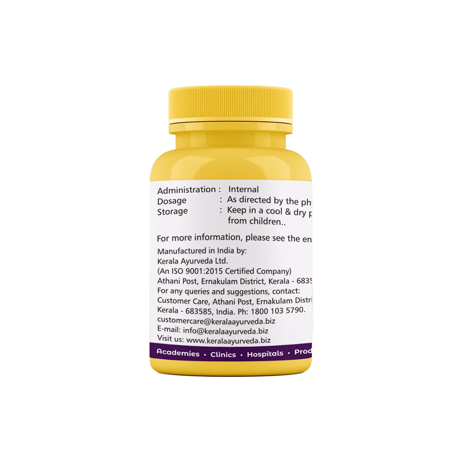 Back view of a yellow Kerala Ayurveda Manasamithra Vatakam bottle displaying administration, dosage, storage and manufacturer information on the white label. – Kerala Ayurveda India