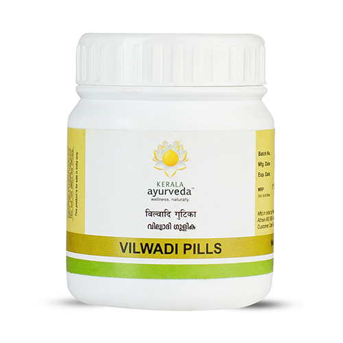 Front view of a white plastic jar of Kerala Ayurveda Vilwadi Pills with a white lid. The label features the product name "VILWADI PILLS" in English and Malayalam script, along with the Kerala Ayurveda logo. – Kerala Ayurveda India