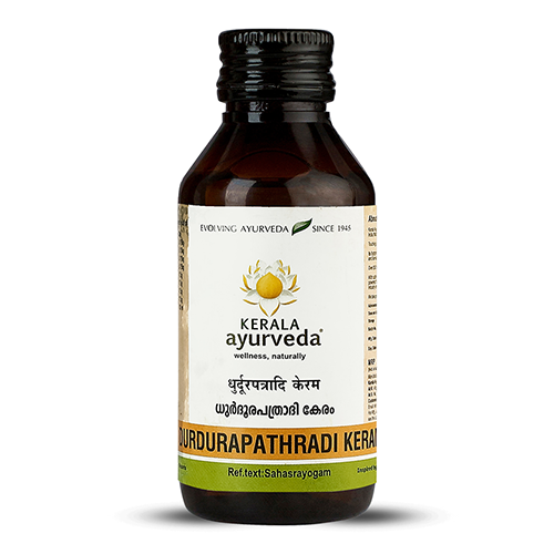 Front view of a dark brown glass bottle of Kerala Ayurveda Durdurapatradi Keram, with a cream-colored label displaying the product name in English and Malayalam script, along with the Kerala Ayurveda logo. – Kerala Ayurveda India
