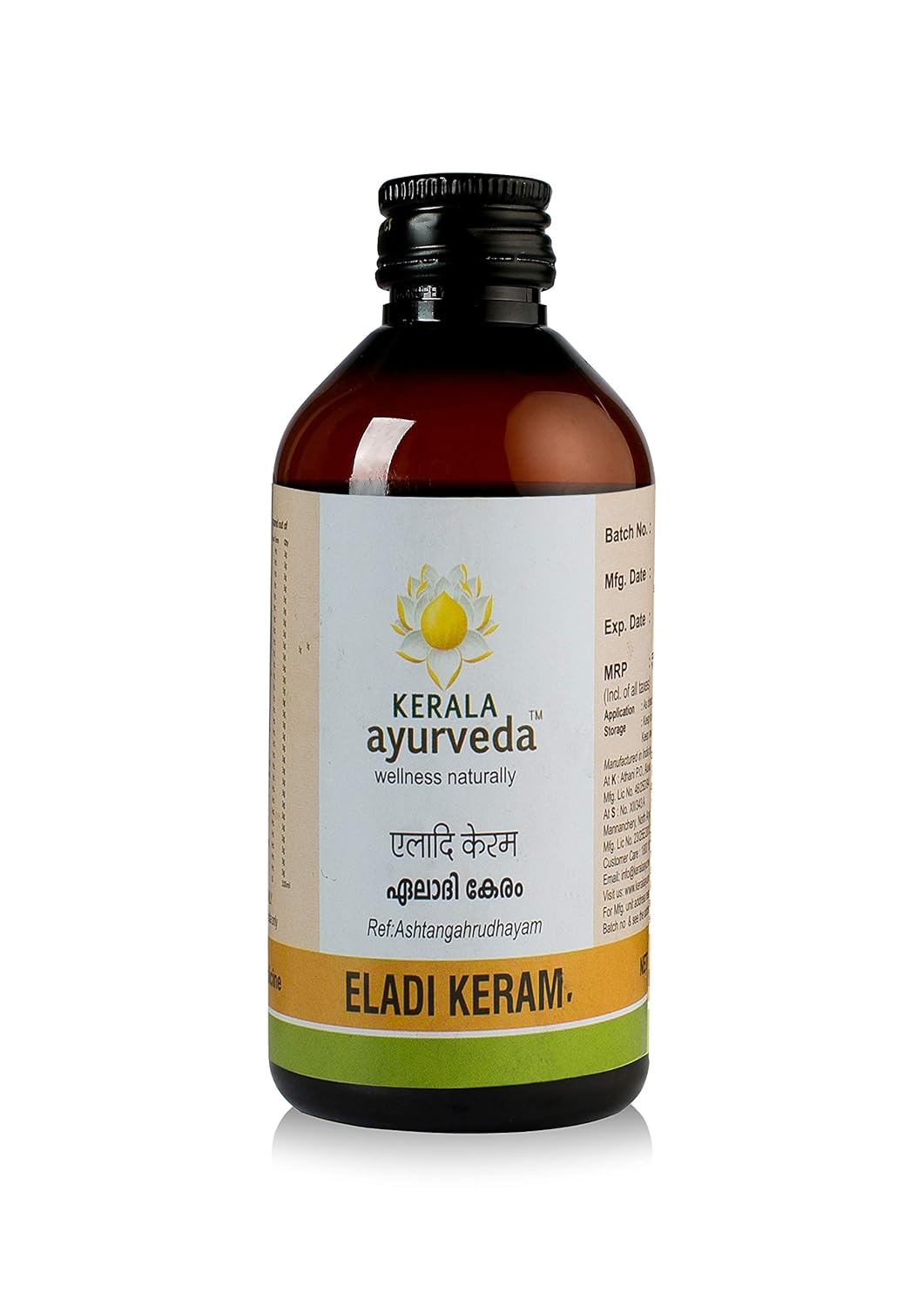Front view of a dark brown glass bottle of Kerala Ayurveda Eladi Keram, with a cream-colored label displaying the product name in English and Malayalam script, along with the Kerala Ayurveda logo. – Kerala Ayurveda India