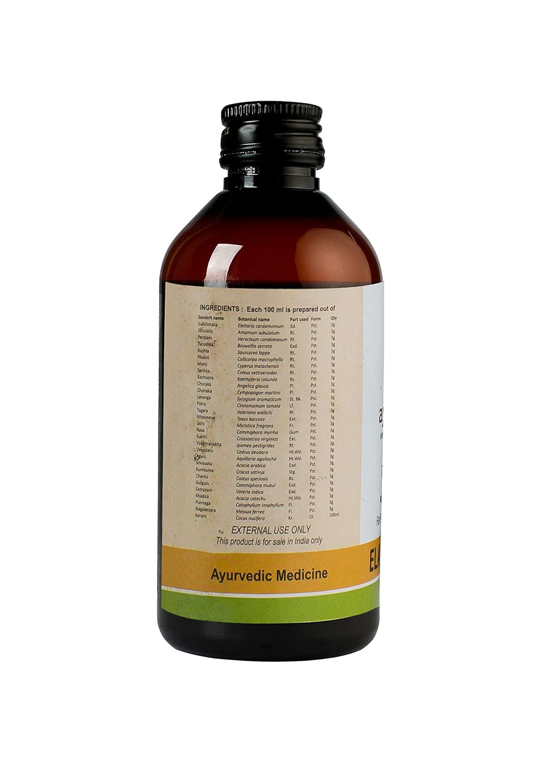 Side view of the dark brown glass bottle of Kerala Ayurveda Eladi Keram, showing a detailed list of ingredients prepared per 100 ml, and indicating "EXTERNAL USE ONLY" for this Ayurvedic medicine. – Kerala Ayurveda India