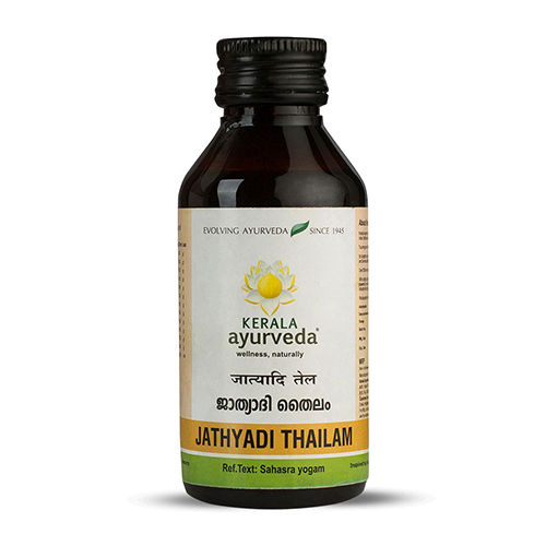 Front view of a dark brown glass bottle of Kerala Ayurveda Jathyadi Kera Thailam, with a cream-colored label displaying the product name in English and Malayalam script, along with the Kerala Ayurveda logo. – Kerala Ayurveda India