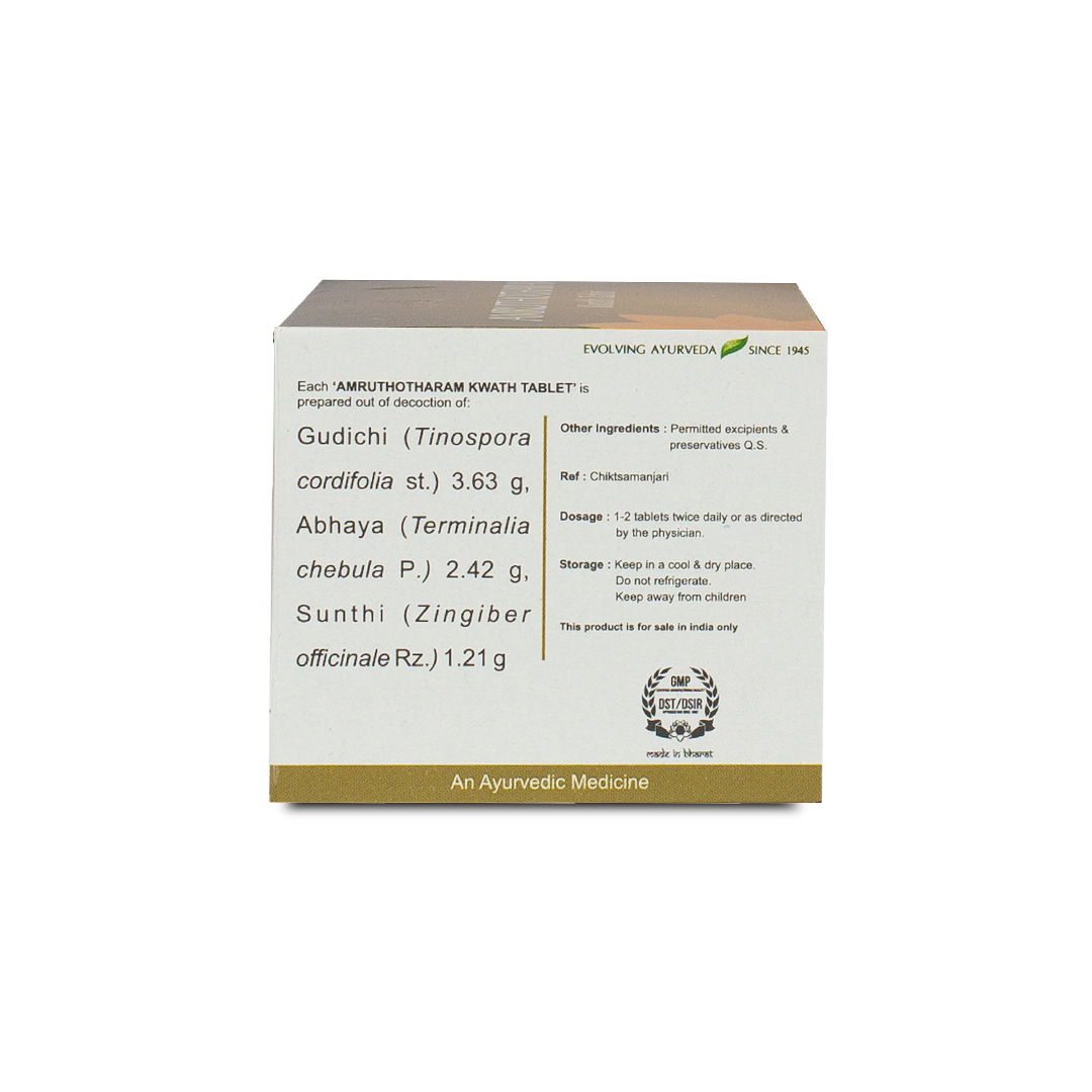 Side view of the Kerala Ayurveda Amruthotharam Kwath Tablet box, detailing the ingredients prepared from decoction, including Gudichi, Abhaya, and Sunthi. It also lists dosage (1-2 tablets twice daily) and storage instructions. – Kerala Ayurveda India