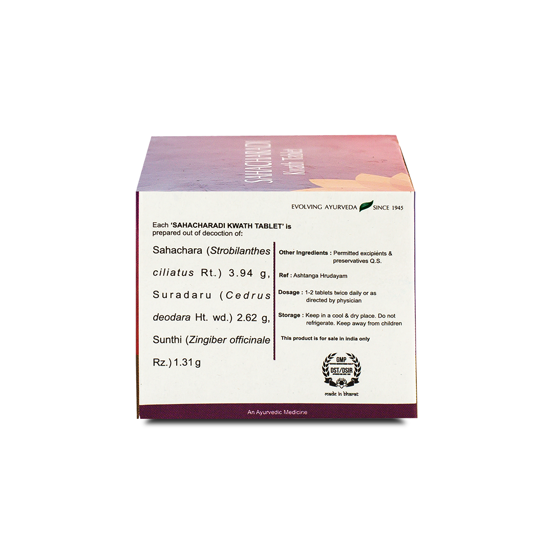 Side view of the Kerala Ayurveda Sahacharadi Kwath Tablet box, detailing the ingredients prepared from decoction, including Sahachara, Suradaru, and Sunthi. It also lists other ingredients, dosage (1-2 tablets twice daily), and storage instructions. – Kerala Ayurveda India