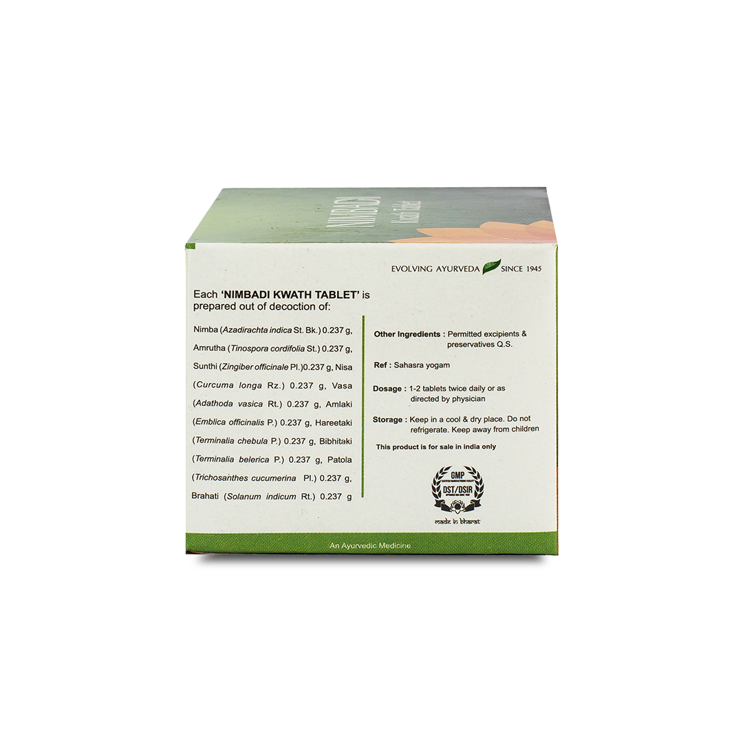 Back view of the Kerala Ayurveda Nimbadi Kwath Tablet box, showing fields for Batch No., Mfg. Date, Exp. Date, and MRP. It lists "Net Quantity: 100 Tablets" and manufacturing details by Kerala Ayurveda Ltd. – Kerala Ayurveda India