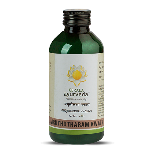 Front view of a dark-green glass bottle labeled “Kerala Ayurveda Amruthotharam Kwath,” featuring the lotus logo and beige banded label – Kerala Ayurveda India