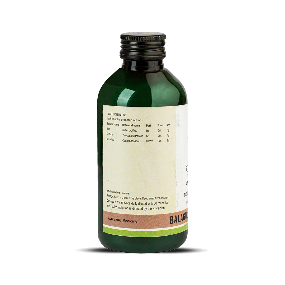 Side view of the dark green glass bottle of Kerala Ayurveda Balaguluchyadi Kwath, showing a detailed list of ingredients prepared per 15 ml, including Sanskrit name, botanical name, part, and quantity. Administration, dosage (15 ml twice daily diluted with 60 ml water), and storage instructions are also visible. – Kerala Ayurveda India