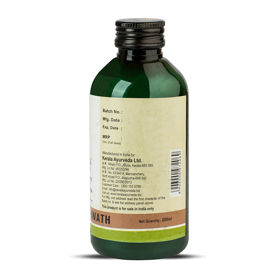 Back view of the dark green glass bottle of Kerala Ayurveda Brahatyadi Kwath, displaying the net quantity of 200ml, manufacturing details, customer care information, and a barcode. – Kerala Ayurveda India