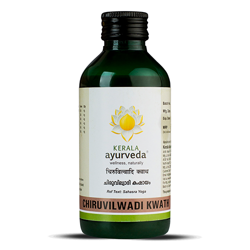A bottle of Chiruvilwadi Kwath by Kerala Ayurveda with labels in Malayalam and English, indicating it is an Ayurvedic medicine for piles and fissures.