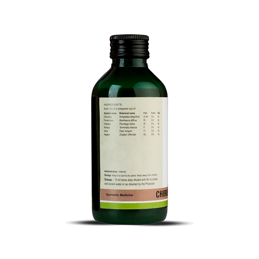 Side panel of Chiruvilwadi Kwath bottle listing Sanskrit and botanical ingredient names with dosage and storage instructions.