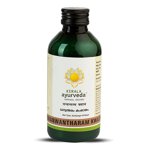 Front view of a dark green glass bottle of Kerala Ayurveda Dhanwantharam Kwath, with a cream-colored label displaying the product name in English and Malayalam script, along with the Kerala Ayurveda logo. – Kerala Ayurveda India