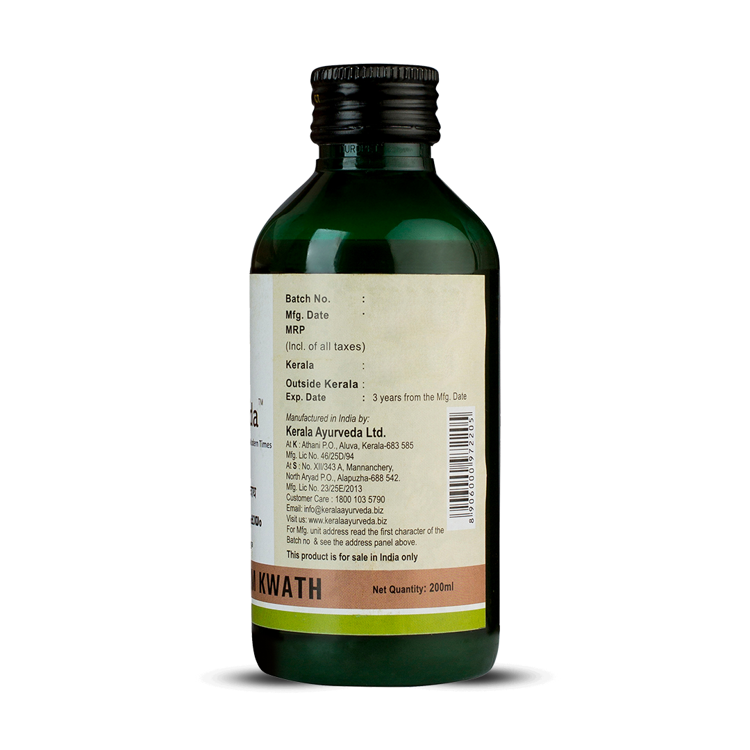 Back view of the dark green glass bottle of Kerala Ayurveda Kokilakshakam Kwath, displaying the net quantity of 200ml, manufacturing details, customer care information, and a barcode. It also shows "Exp. Date : 3 years from the Mfg. Date". – Kerala Ayurveda India