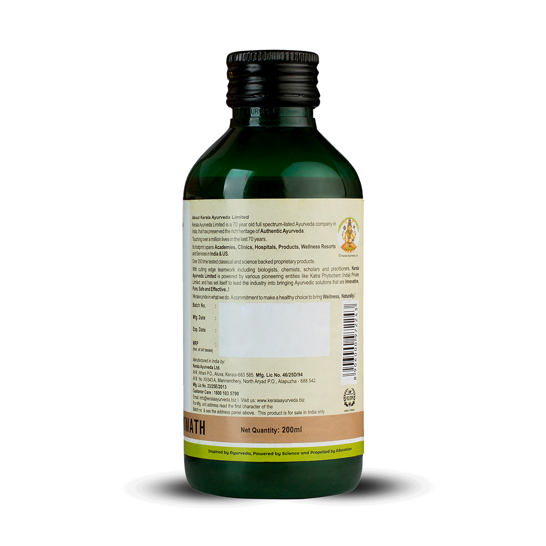 Back view of the dark green glass bottle of Kerala Ayurveda Mahathikthakam Kwath, displaying the net quantity of 200ml, manufacturing details, customer care information, and a barcode. – Kerala Ayurveda India