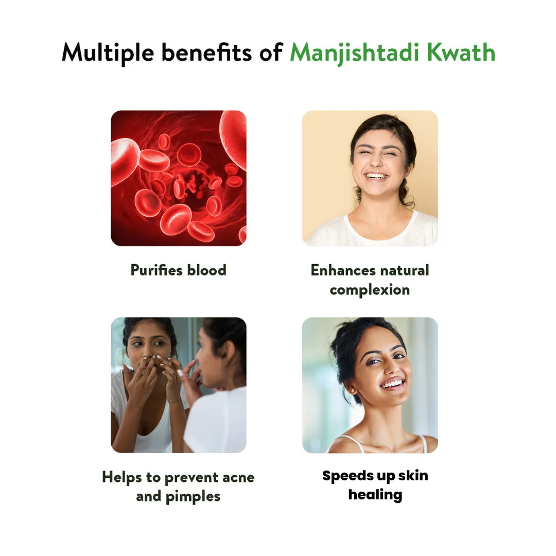 Banner highlighting "Multiple benefits of Manjishtadi Kwath," including purifying blood, enhancing natural complexion, helping prevent acne and pimples, and speeding up skin healing. – Kerala Ayurveda India