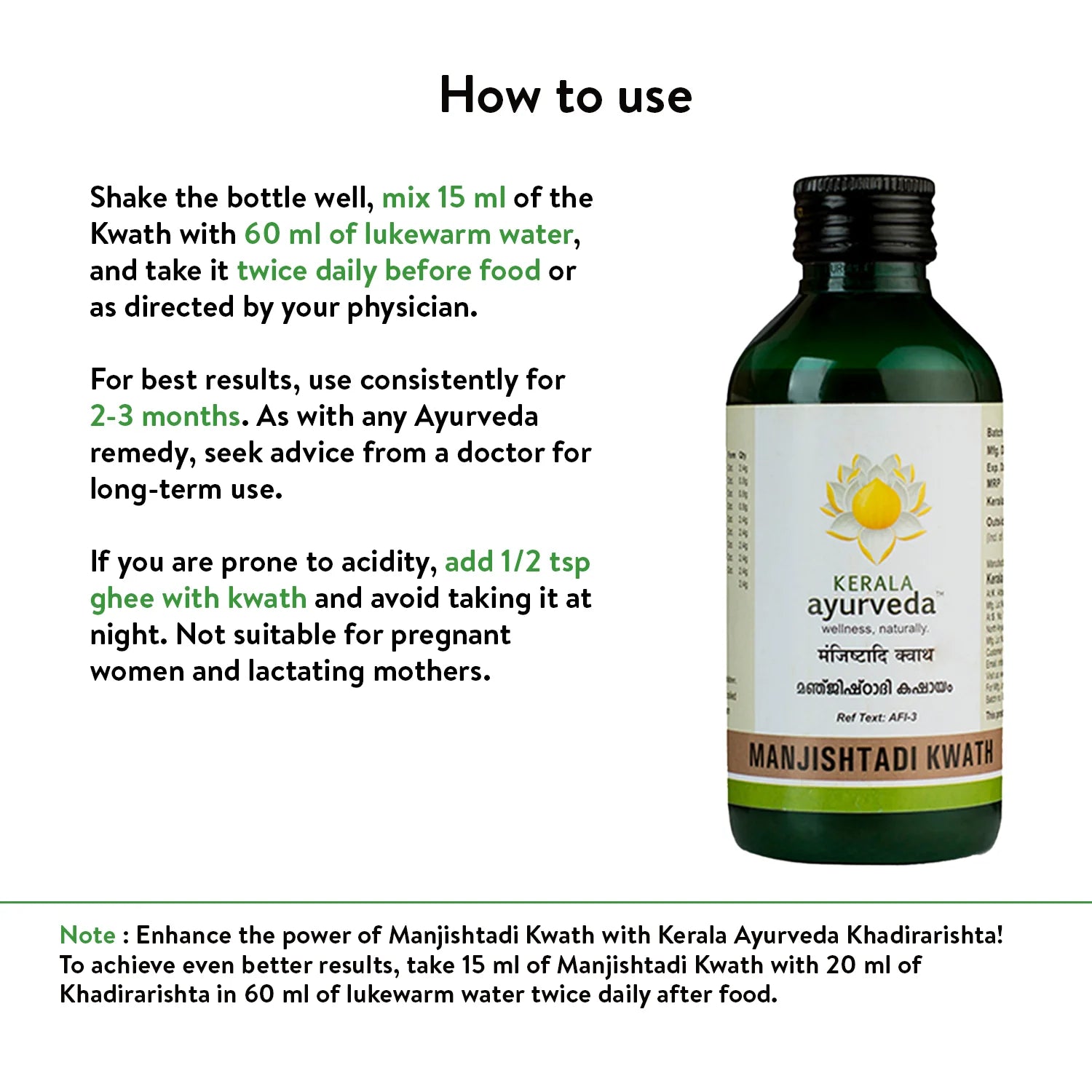 Banner titled "How to use" Manjishtadi Kwath, providing detailed dosage instructions, emphasizing consistent use for 2-3 months, and a note regarding acidity and use by pregnant/lactating mothers. – Kerala Ayurveda India