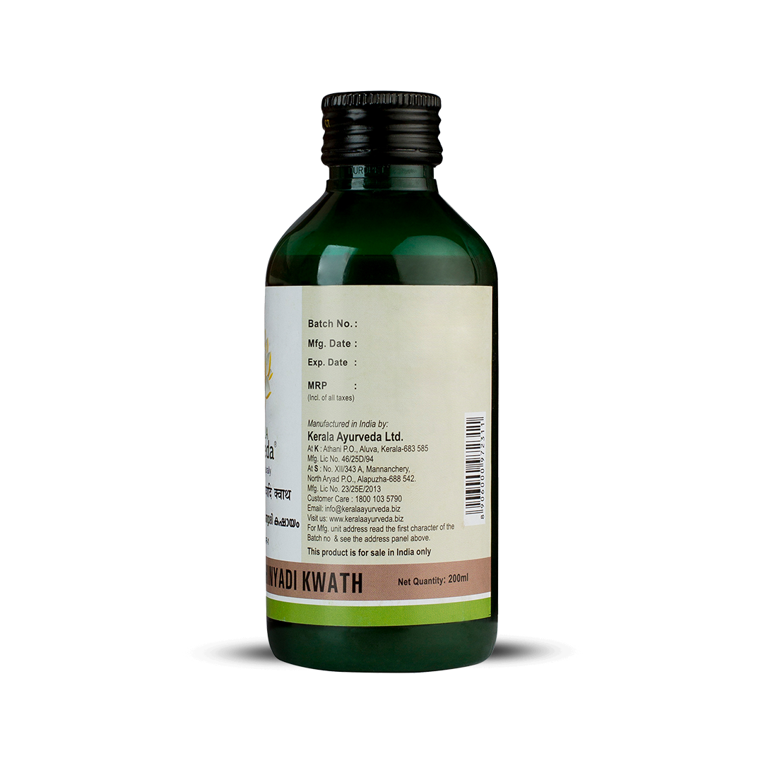 Back view of the dark green glass bottle of Kerala Ayurveda Patolakatukurohinyadi Kwath, displaying the net quantity of 200ml, manufacturing details by Kerala Ayurveda Ltd., customer care information, and a barcode. – Kerala Ayurveda India