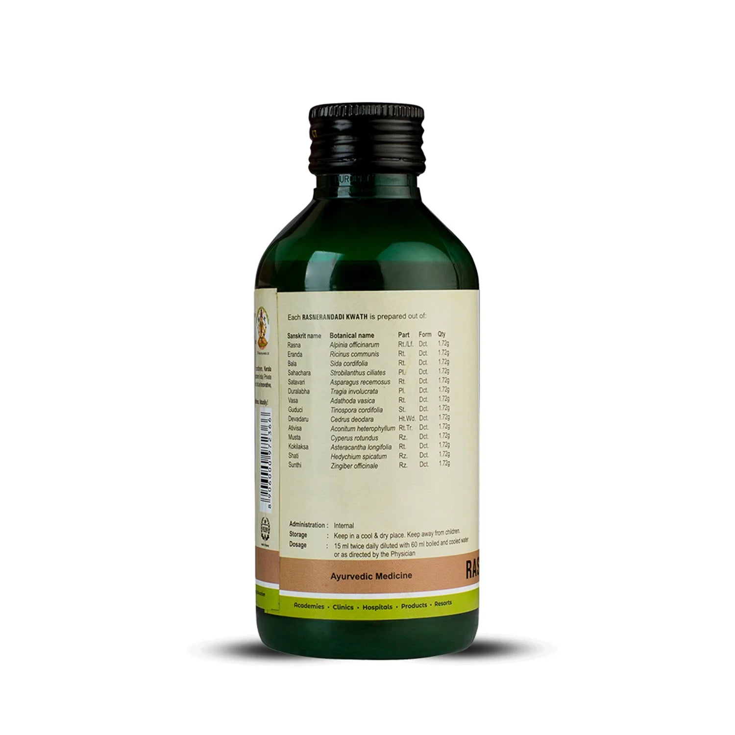 Side view of the dark green glass bottle of Kerala Ayurveda Rasnerandadi Kwath, showing a detailed list of ingredients prepared per 15 ml, including Sanskrit name, botanical name, part, form, and quantity. Administration, dosage (15 ml twice daily diluted with 60 ml water), and storage instructions are also visible. – Kerala Ayurveda India