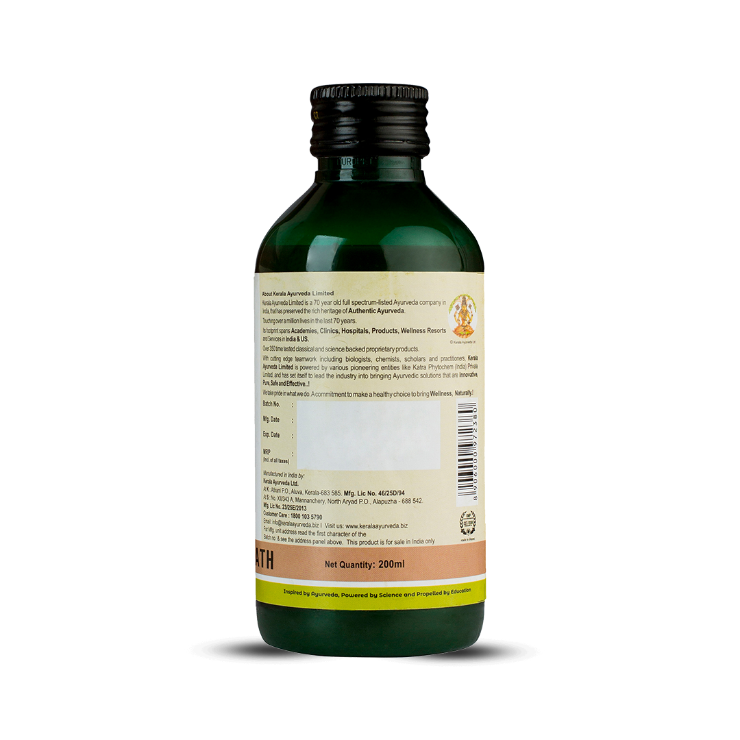 Back view of the dark green glass bottle of Kerala Ayurveda Sahacharadi Kwath, displaying the net quantity of 200ml, manufacturing details by Kerala Ayurveda Ltd., customer care information, and a barcode. – Kerala Ayurveda India