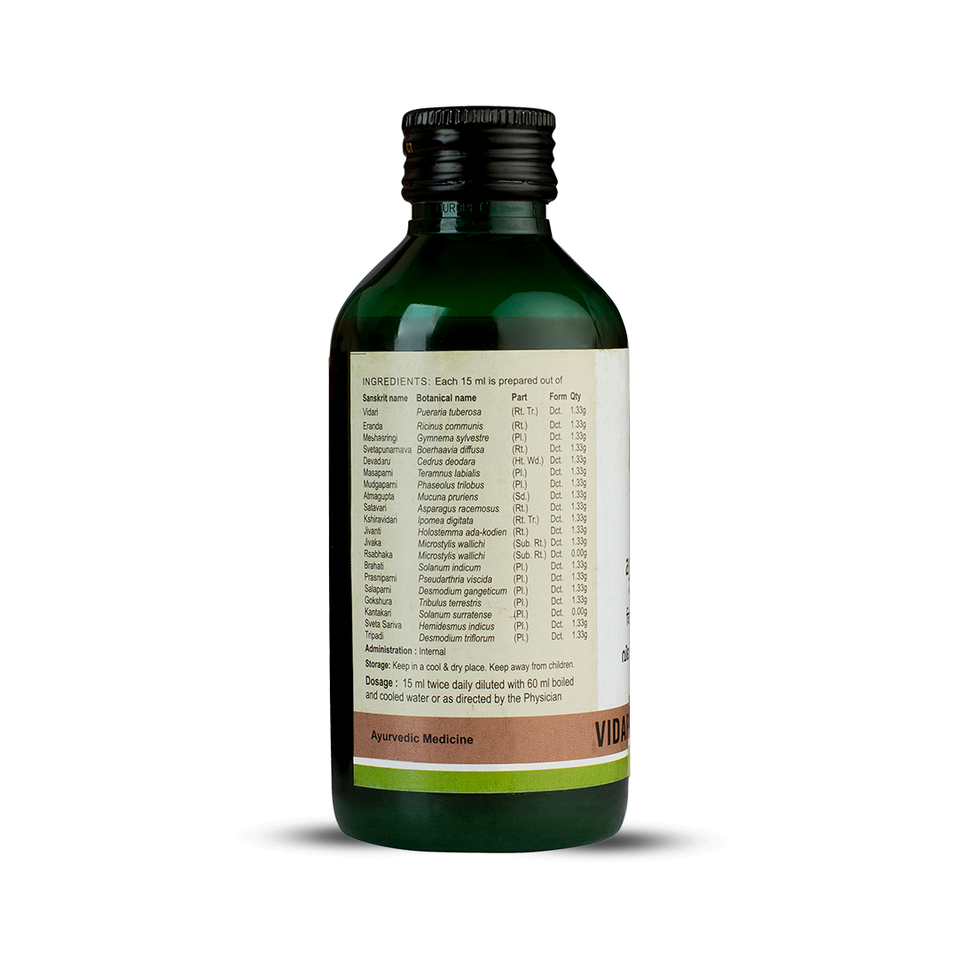 Side view of Vidaryadi Kwath highlighting the detailed ingredients panel with Sanskrit and botanical names, dosage, and storage instructions – Kerala Ayurveda India