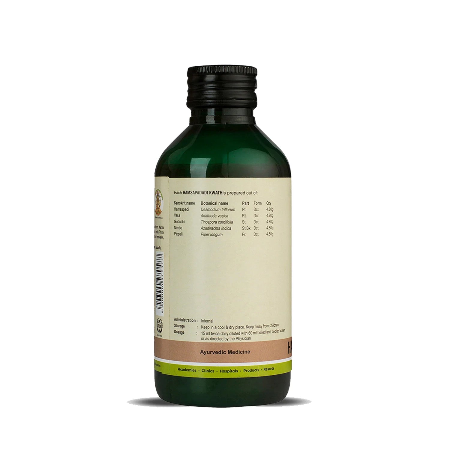 Back view of a dark green glass bottle of Kerala Ayurveda Hamsapadadi Kwath, displaying a detailed table of ingredients including Sanskrit name, botanical name, part, form, and quantity, along with administration, dosage, and storage instructions. – Kerala Ayurveda India