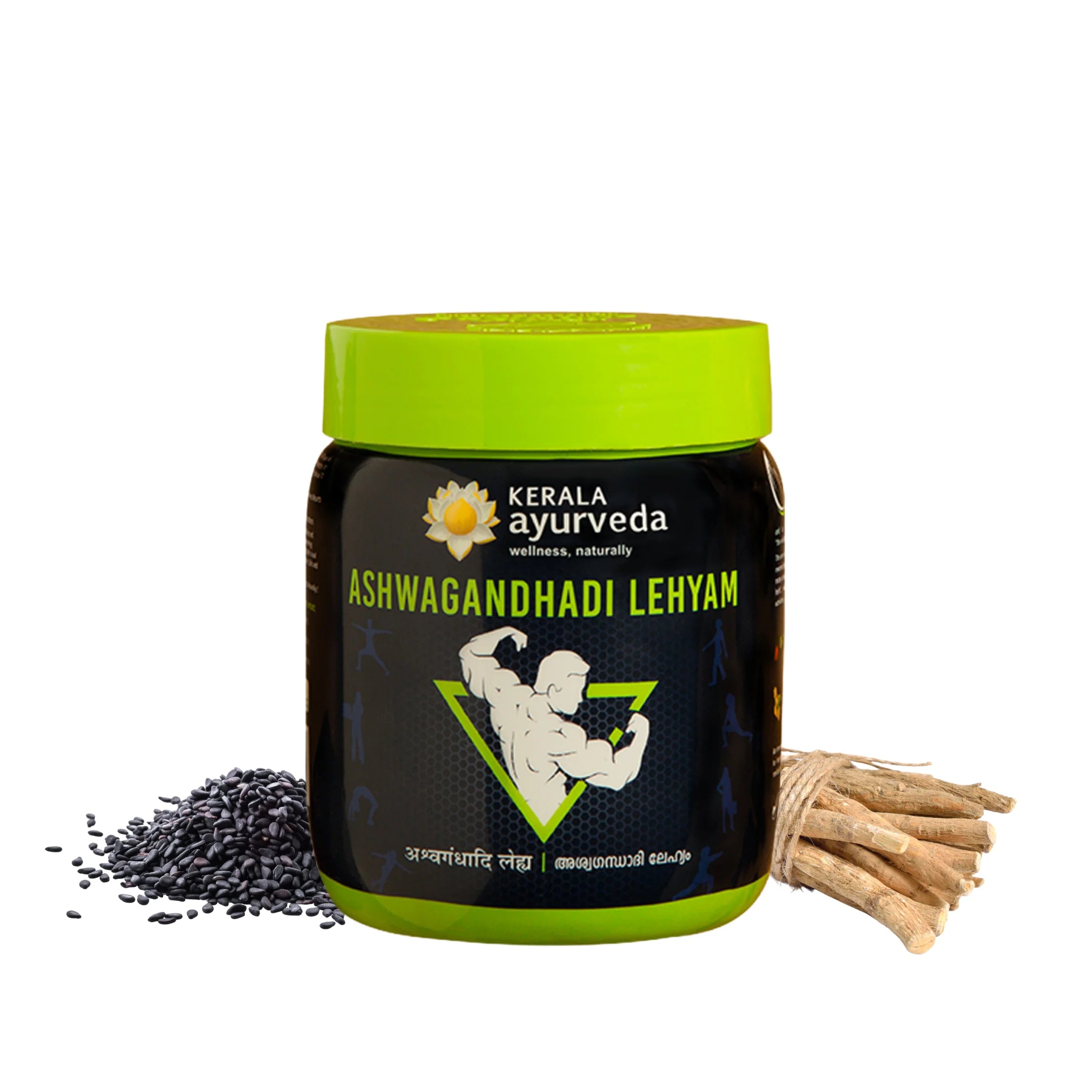 Kerala Ayurveda Ashwagandhadi Lehyam jar with ashwagandha roots and sesame seeds in foreground, marketed as a stamina booster lehyam and ayurvedic energy tonic – Kerala Ayurveda India