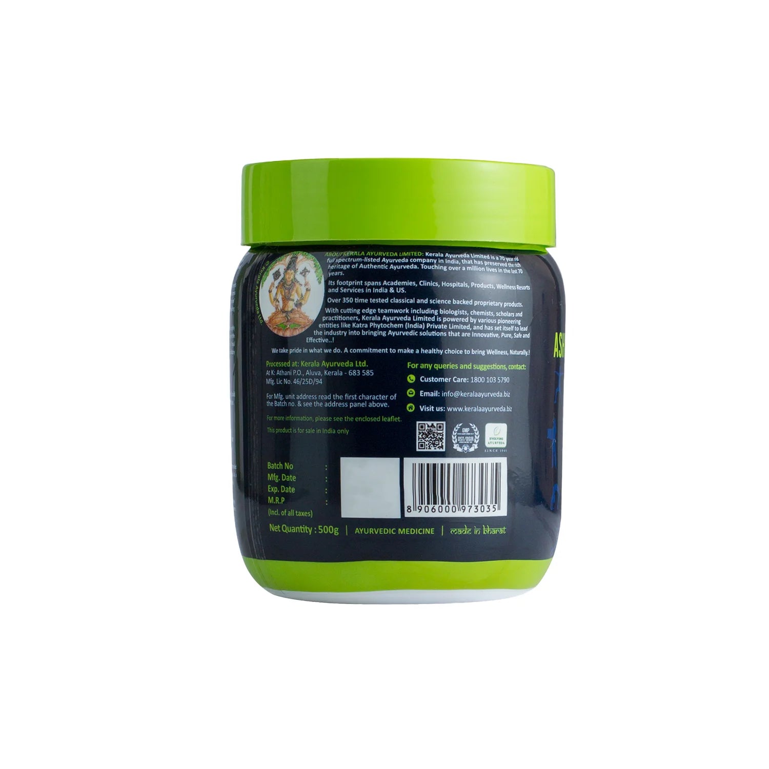 Ashwagandhadi Lehyam jar back panel showing ingredient list, barcode and batch details for the weight gain tonic – Kerala Ayurveda India